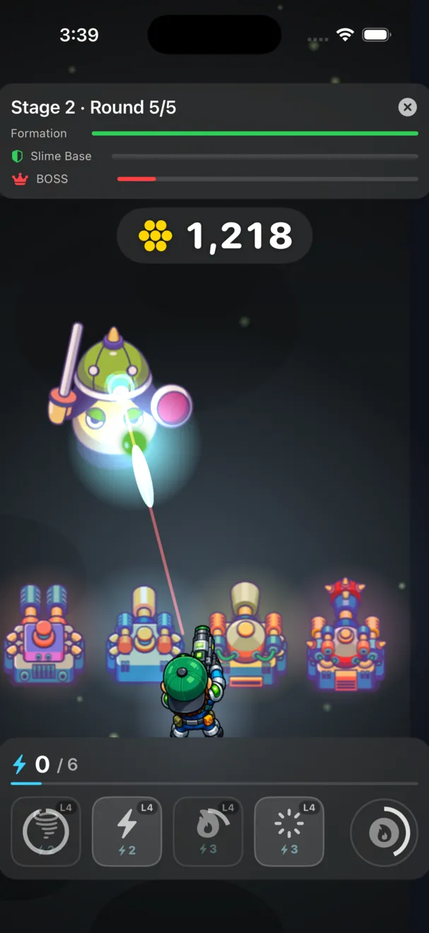 Slime Siege combat — hero formation firing at the descending slime horde