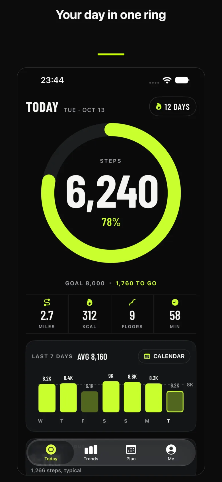 StepRing Today screen: the step ring at 6,240 of 8,000