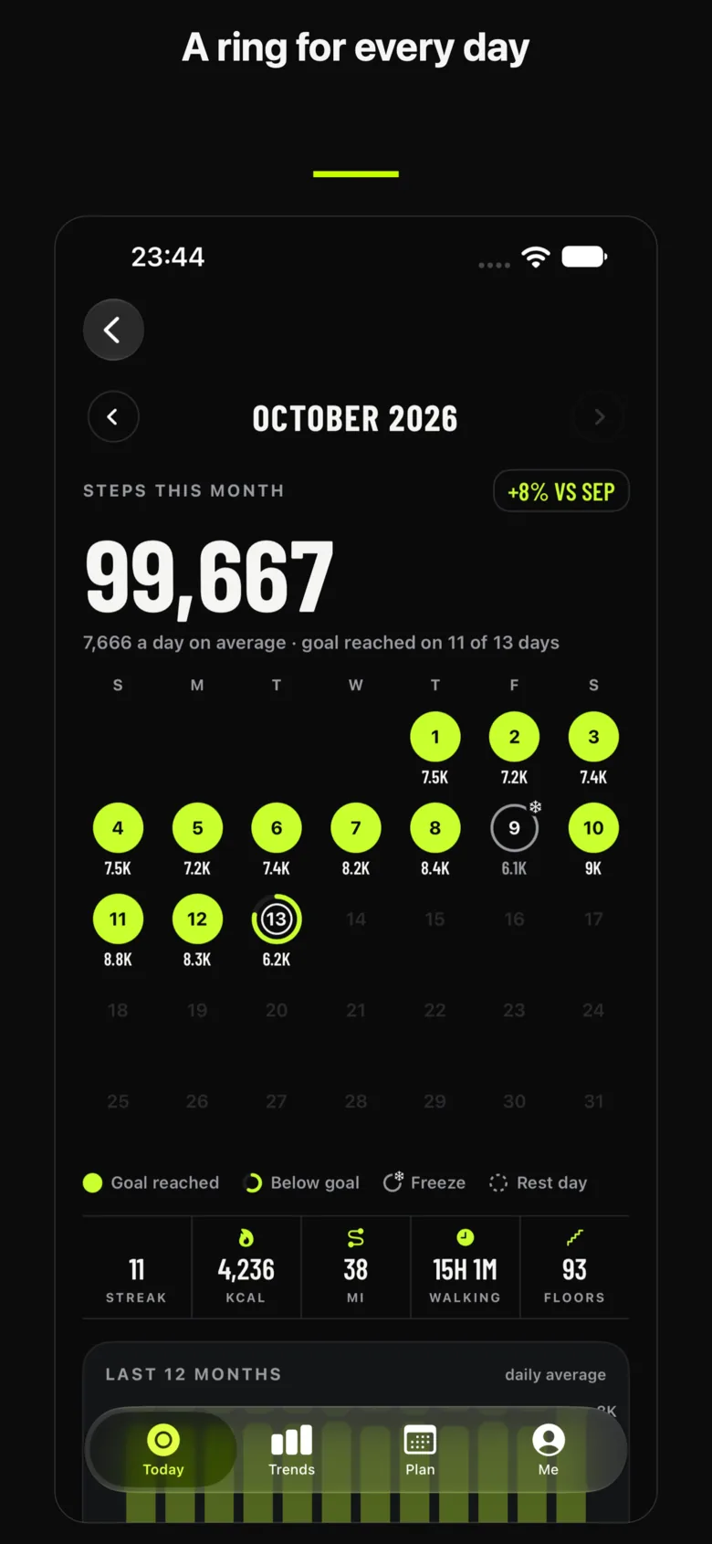 StepRing Calendar: a ring and step count for every day of the month
