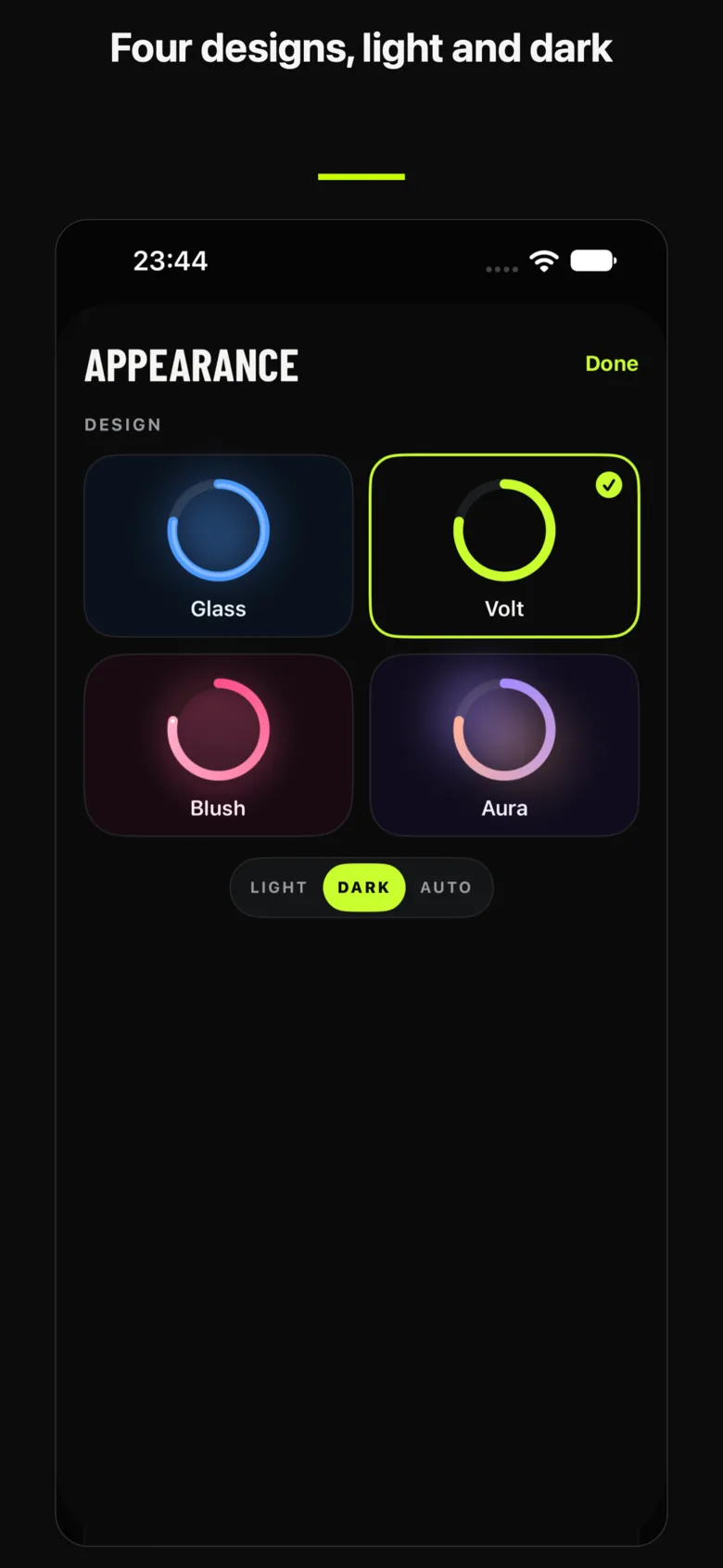 StepRing Appearance sheet: Glass, Volt, Blush and Aura