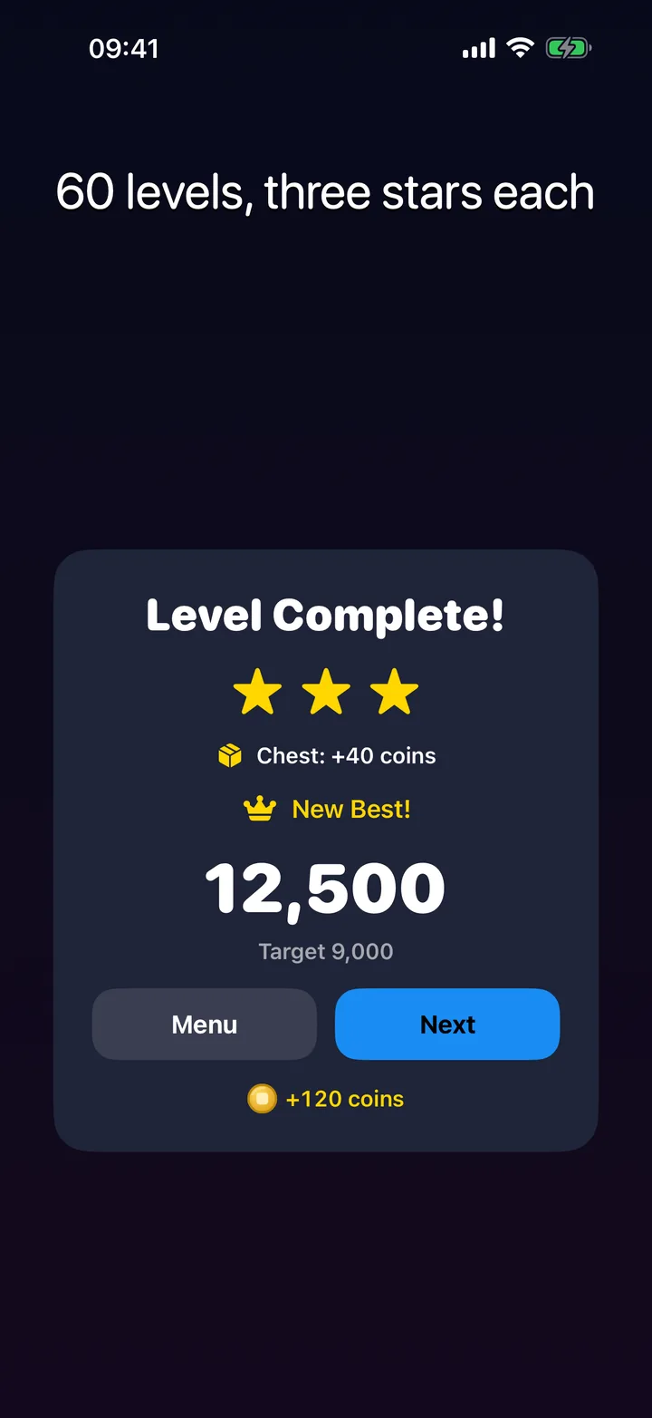 Block Forge 2.0: Level Complete with three stars, a chest worth 40 coins and a new best of 12,500