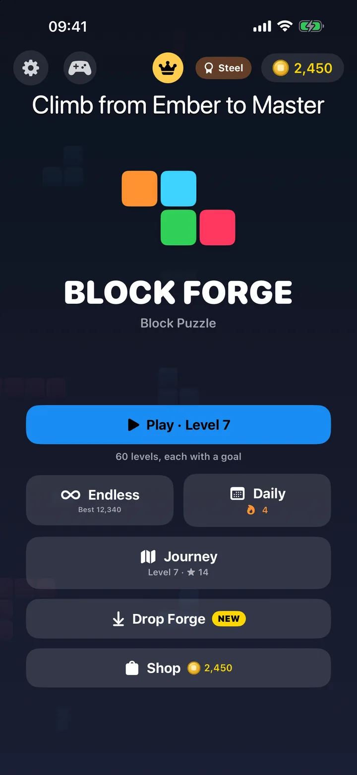 Block Forge 2.0 home screen: the Steel rank badge, Play · Level 7, Endless, Daily, Journey, Drop Forge and the shop