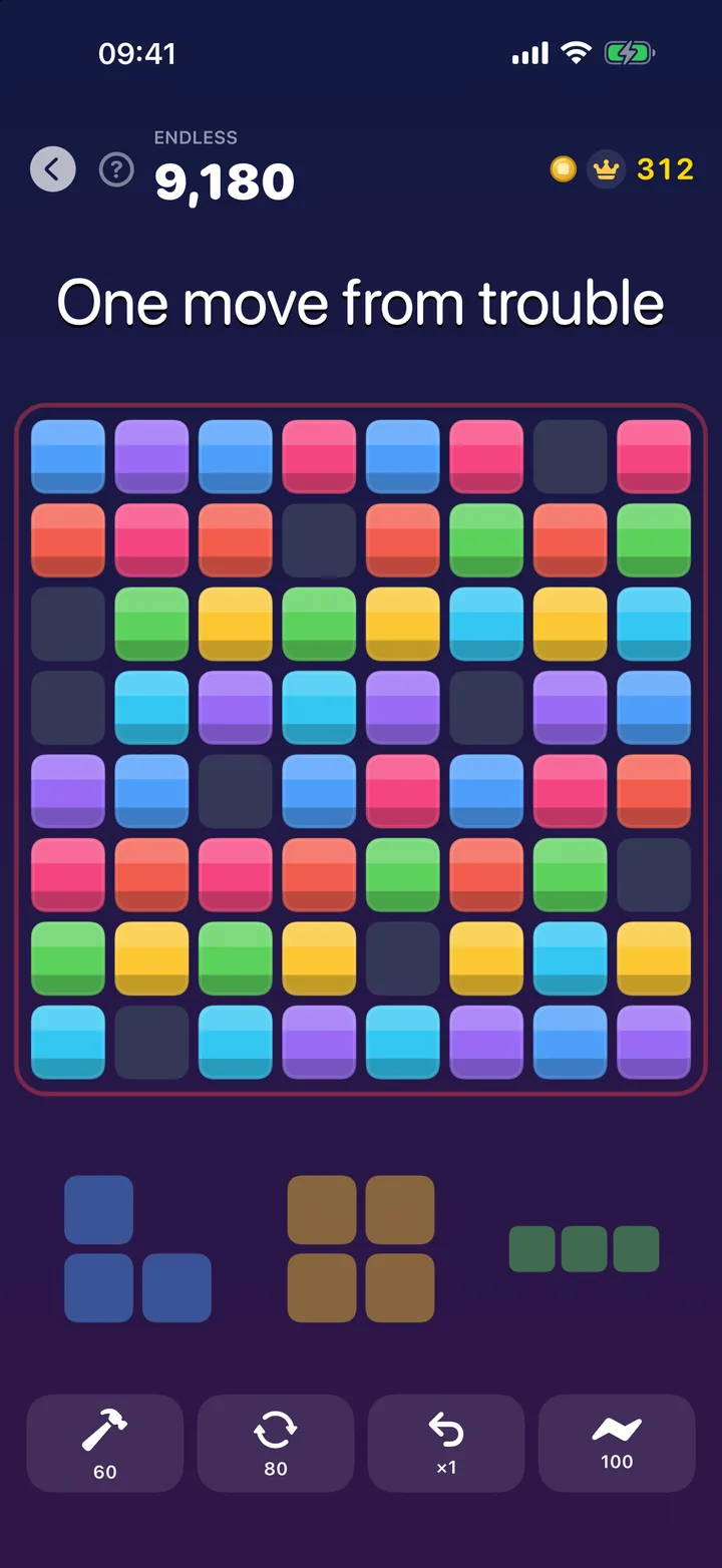Block Forge 2.0: a crowded 8×8 board with three pieces left in the tray