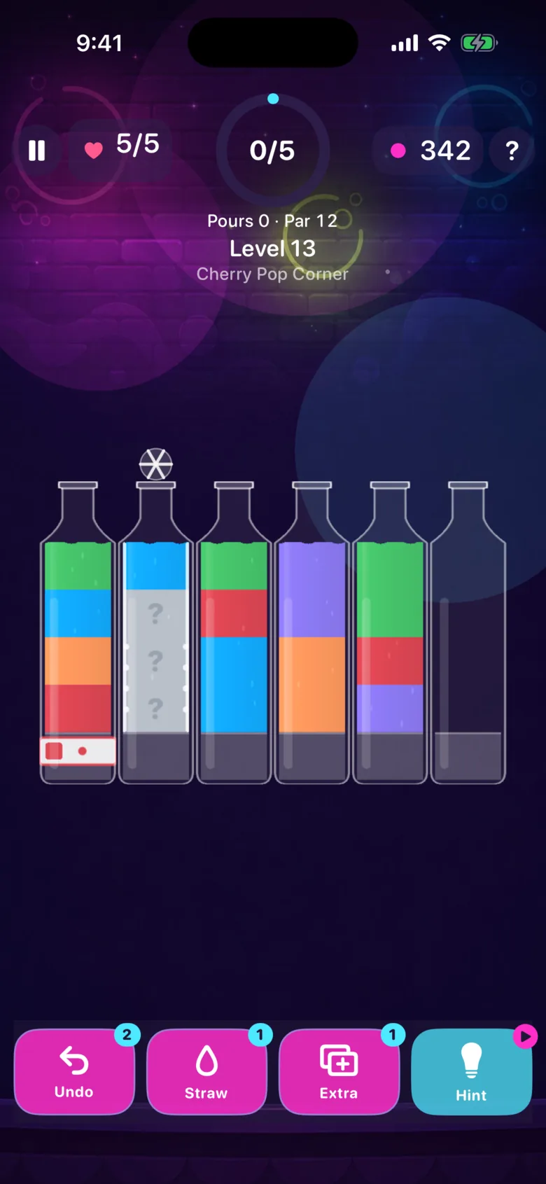 The Jelly Fizz booster dock in 1.1: Undo, Straw, Extra Bottle and Hint