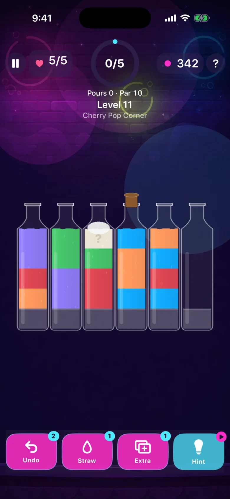 Jelly Fizz level 11: one bottle under a foam cap showing a question mark, another under a cork