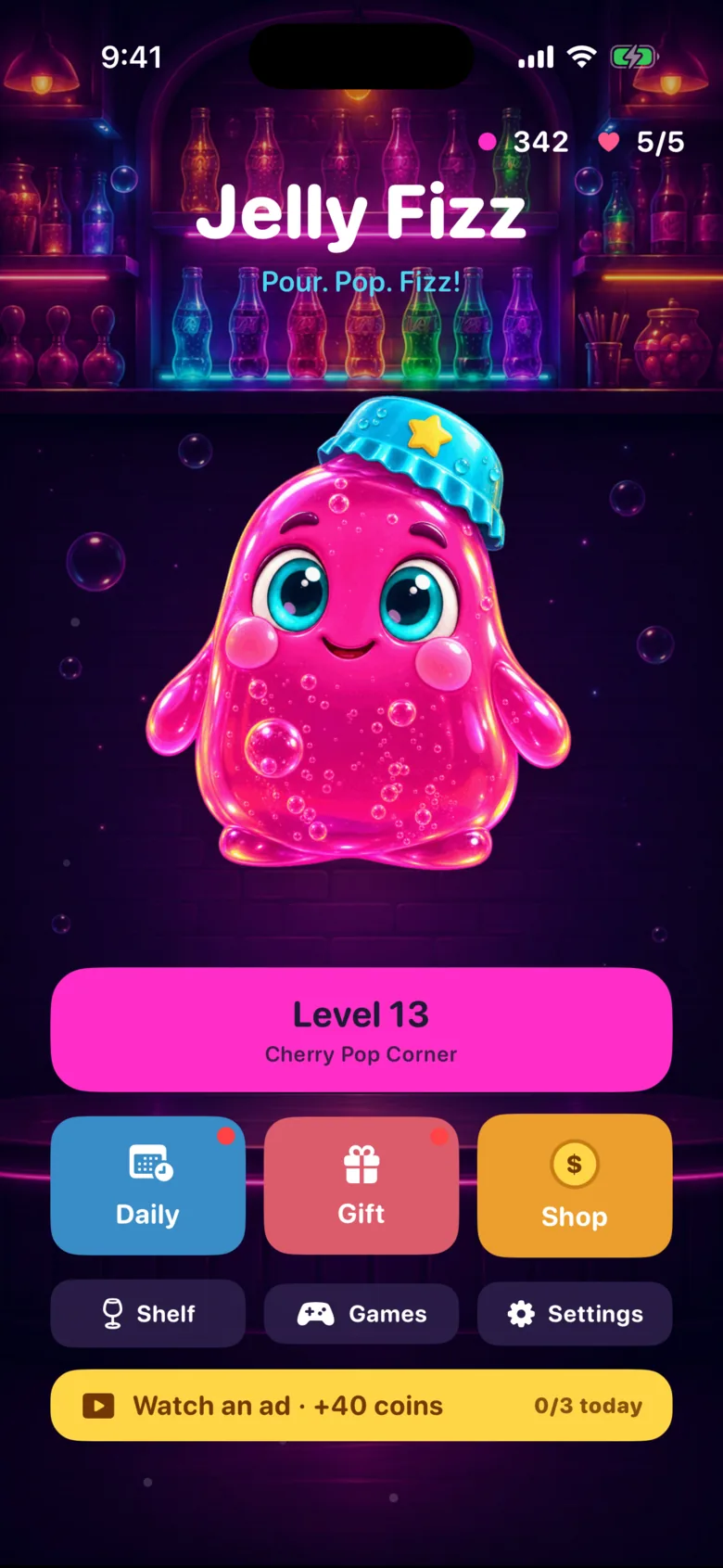Jelly Fizz: Bloop idling on the home screen above the level button