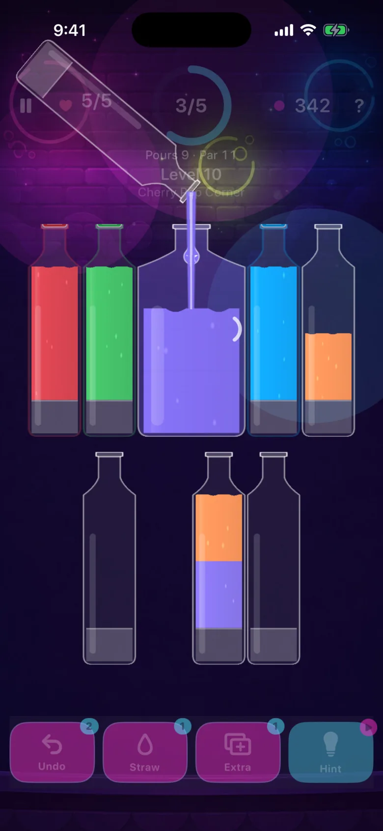 Jelly Fizz level 10: the wide Party Jug in the middle of the board, filling with purple soda