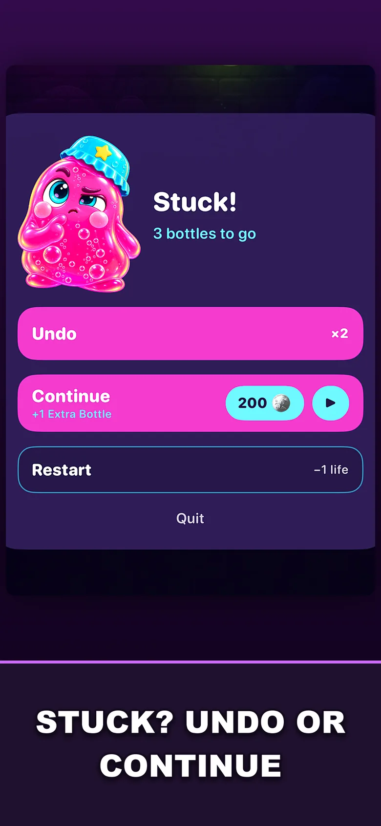 Jelly Fizz store frame: undo or continue when a board is stuck