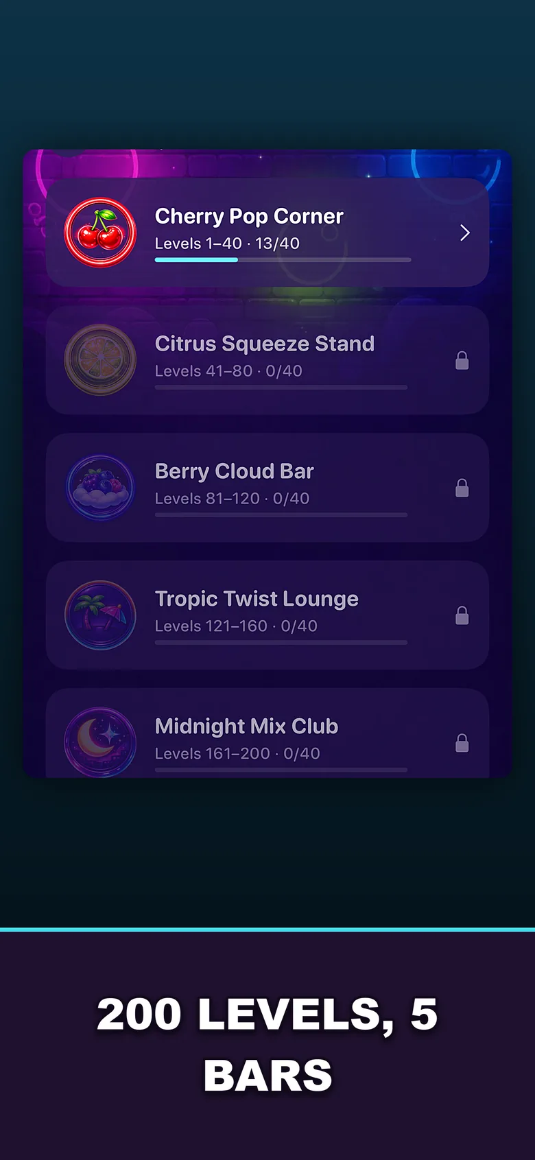 Jelly Fizz store frame: 200 levels across five bars