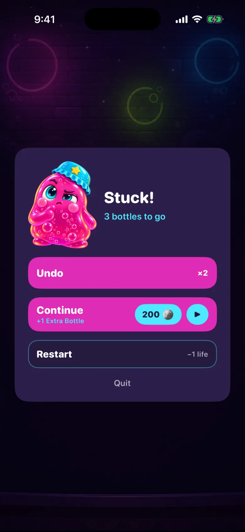 The Jelly Fizz Stuck screen: a puzzled Bloop above Undo, Continue with an extra bottle, and Restart