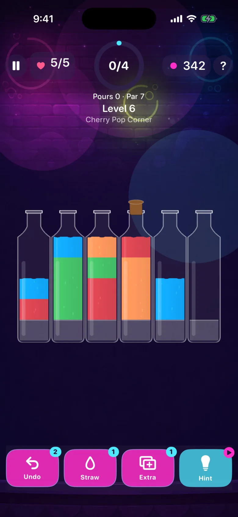 Jelly Fizz level 6: a corked bottle in the middle of the row, locked until two other bottles are sealed