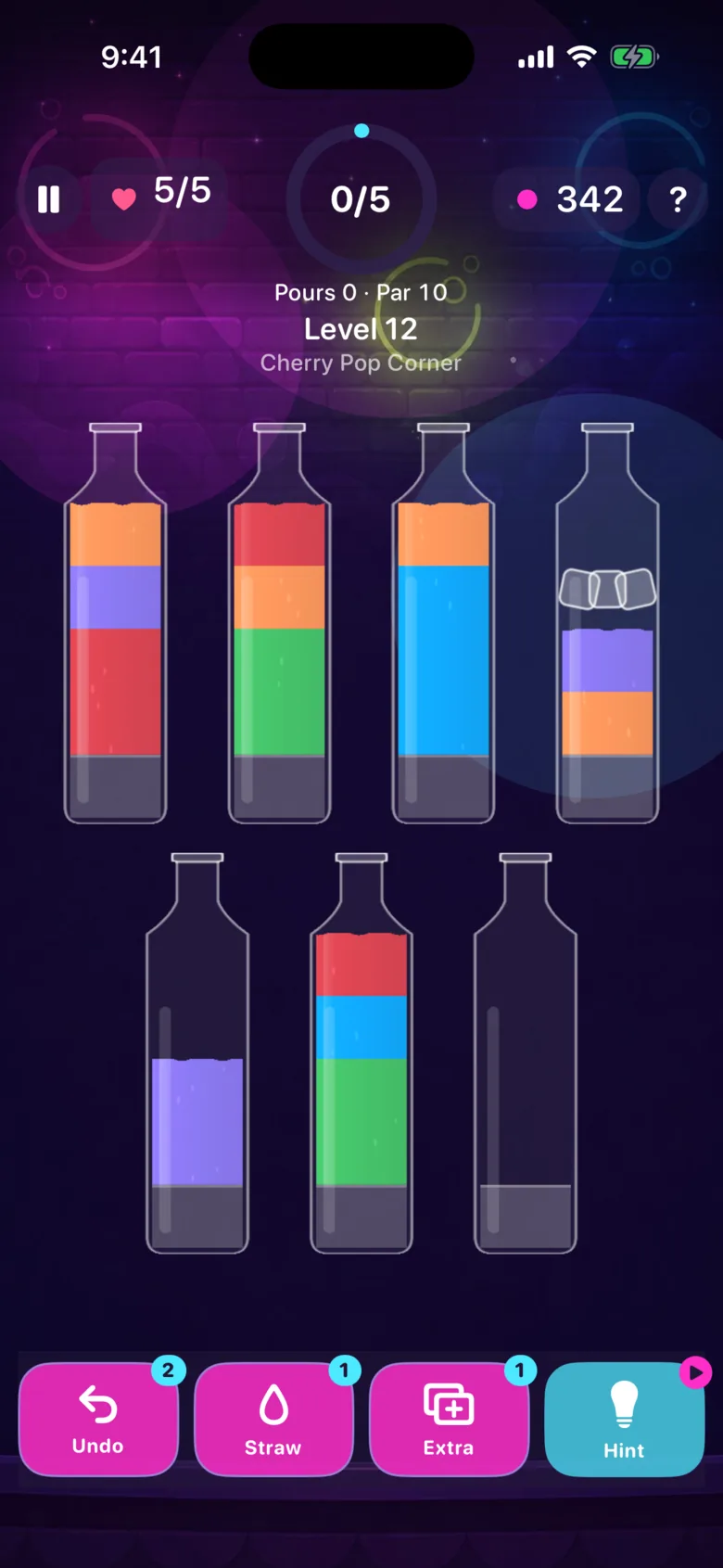 Jelly Fizz level 12: a bottle with a frozen top segment among the others